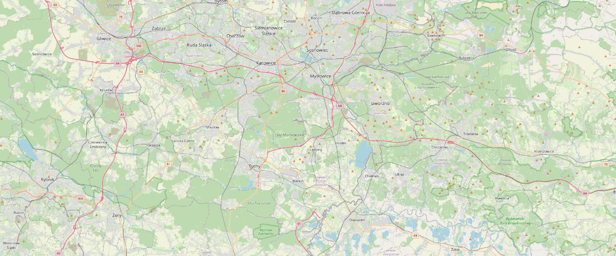 Mapa obszaru działania MV-Termo Serwis obejmująca Tychy i Śląsk